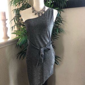 Petite Glitter Off The Shoulder Belted Dress